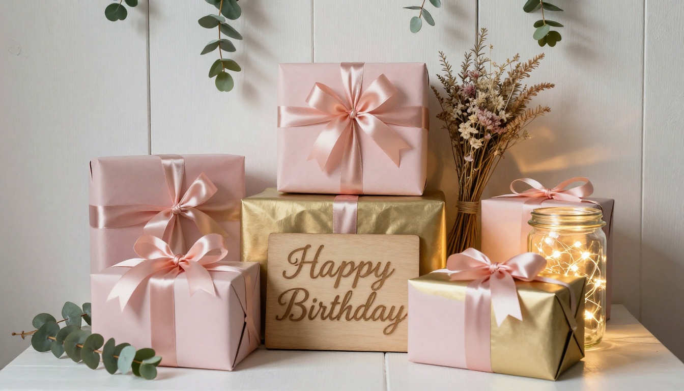 Birthday party gift table with wrapped presents in blush and gold, fairy lights in a jar