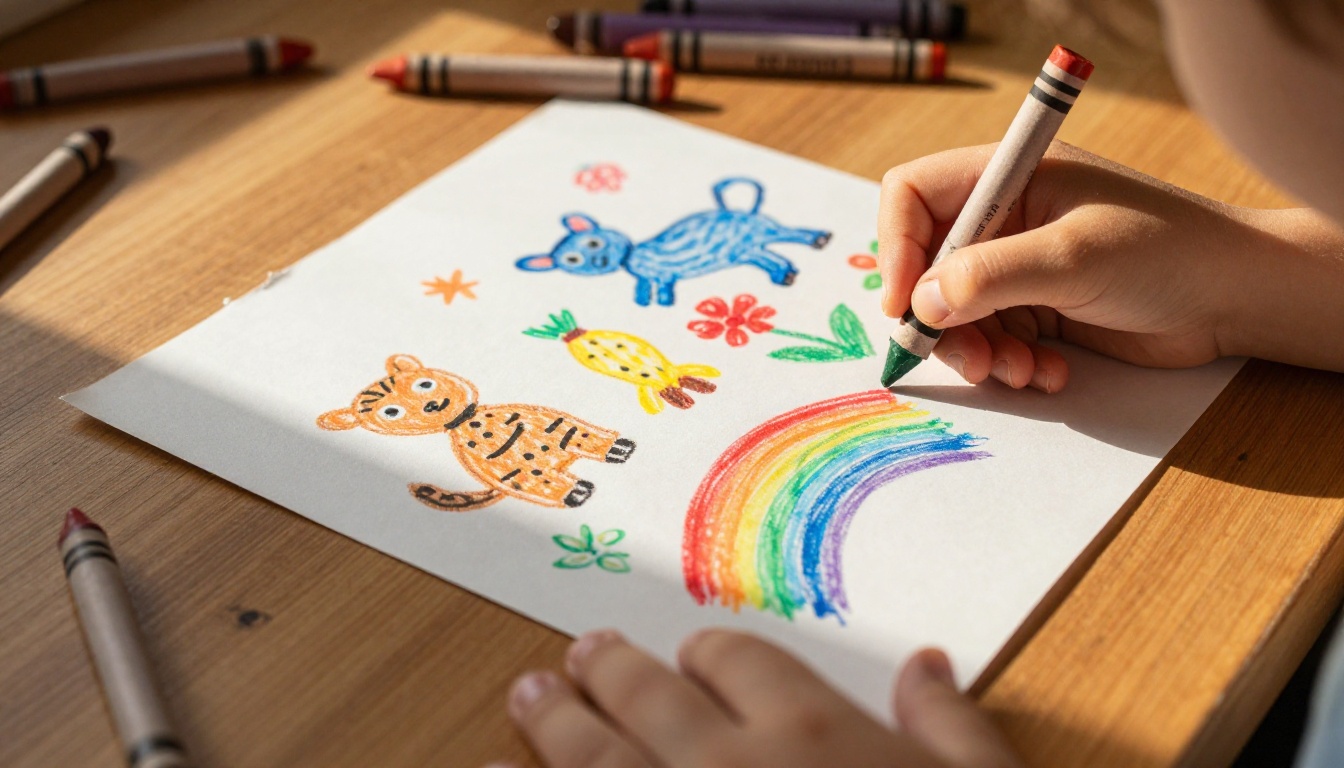 Child's hands drawing colorful artwork with crayons on a wooden desk Child's hands drawing colorful artwork with crayons on a wooden desk