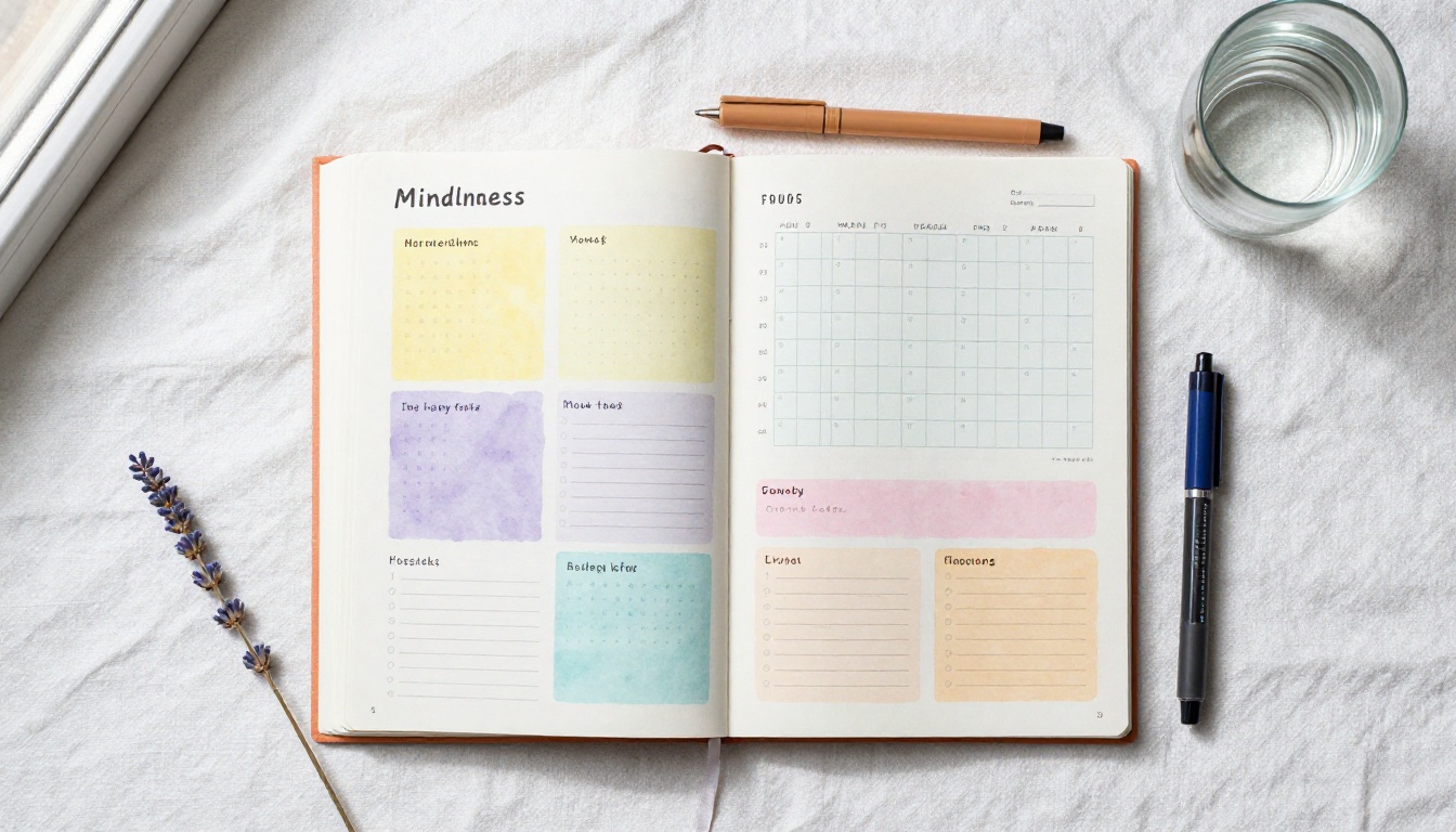 Mindfulness therapy journal pages aerial flat lay