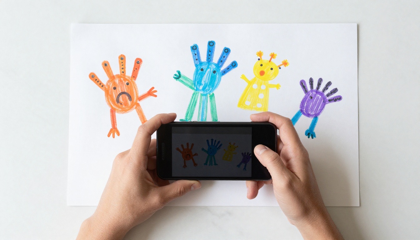 Parent scanning child's artwork with smartphone on marble kitchen counter Parent scanning child's artwork with smartphone on marble kitchen counter