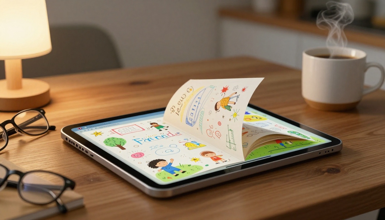 Digital tablet showing an interactive flipbook with children's drawings and page-turning effect Digital tablet showing an interactive flipbook with children's drawings and page-turning effect