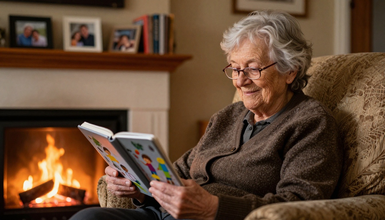 Grandmother in armchair by fireplace viewing children's flipbook on iPad Grandmother in armchair by fireplace viewing children's flipbook on iPad