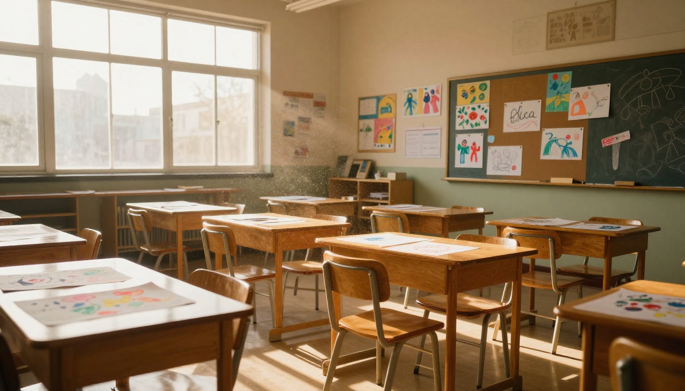 Children's schoolwork papers spread across a classroom desk in golden afternoon light Children's schoolwork papers spread across a classroom desk in golden afternoon light