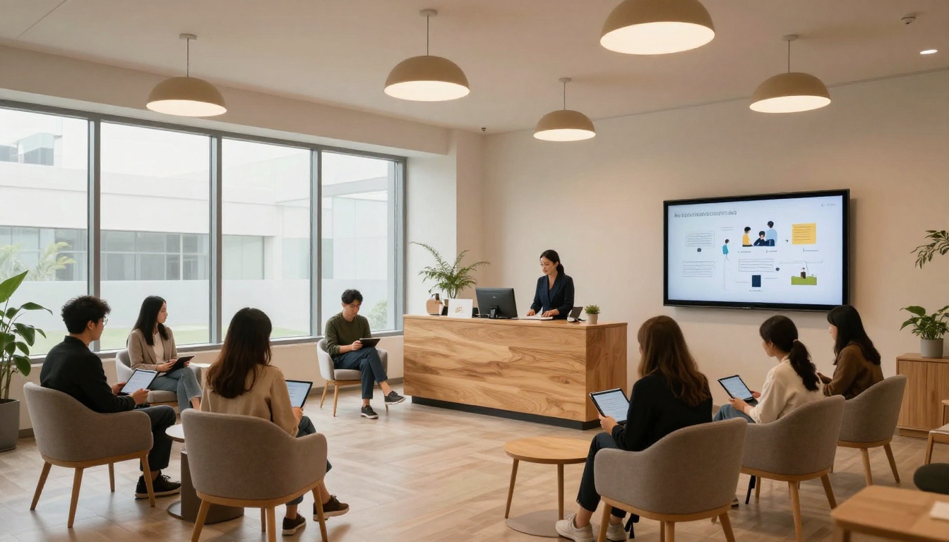 Modern psychology practice waiting room with digital resources on display