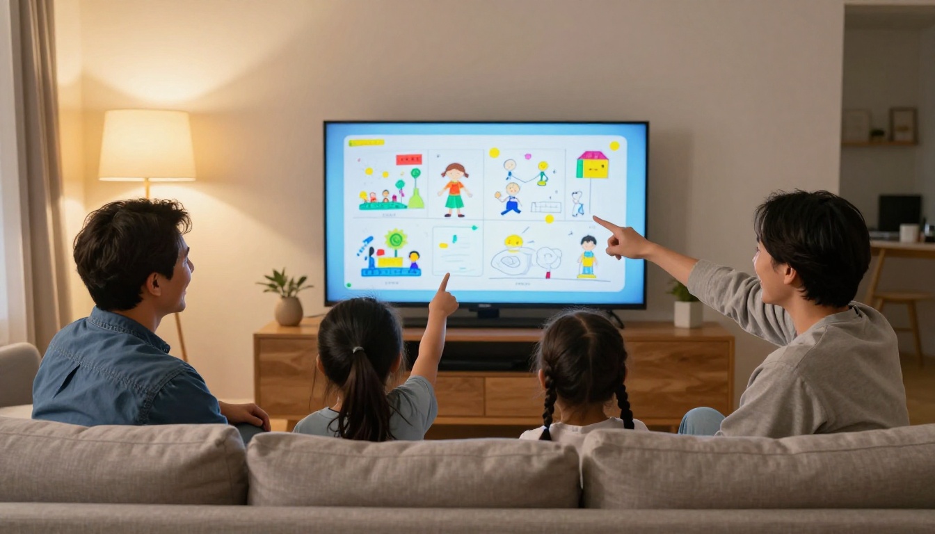 Family of four watching a digital flipbook presentation on their living room TV Family of four watching a digital flipbook presentation on their living room TV