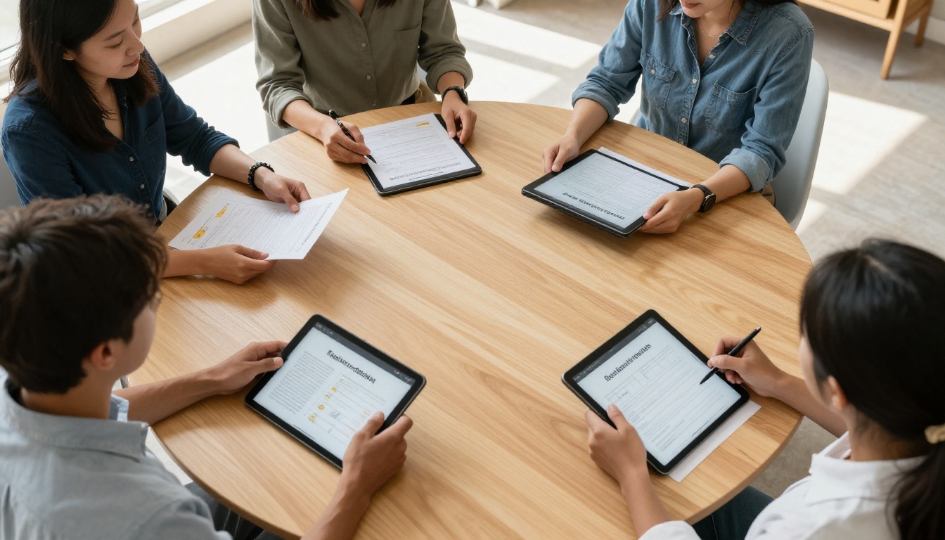 Group therapy session with digital workbooks on tablets