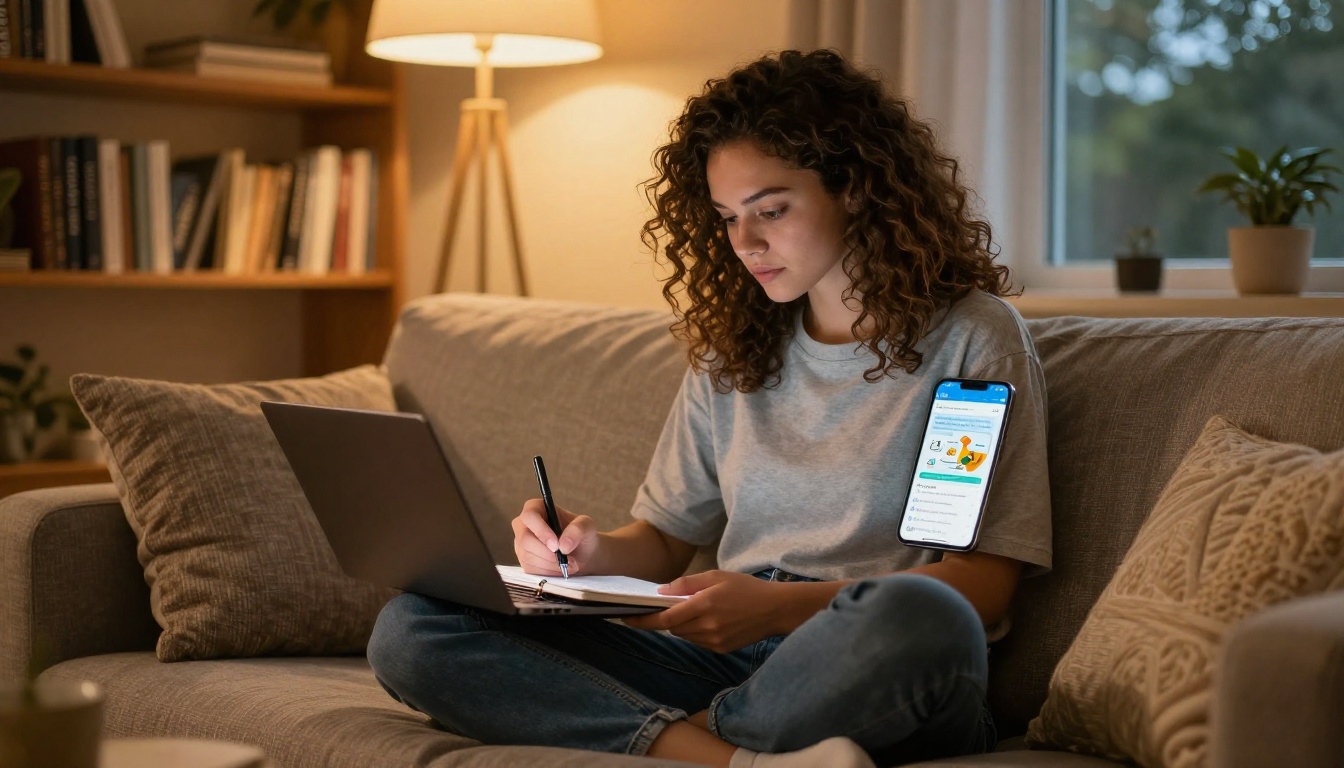 Young woman completing mindfulness workbook at home on laptop