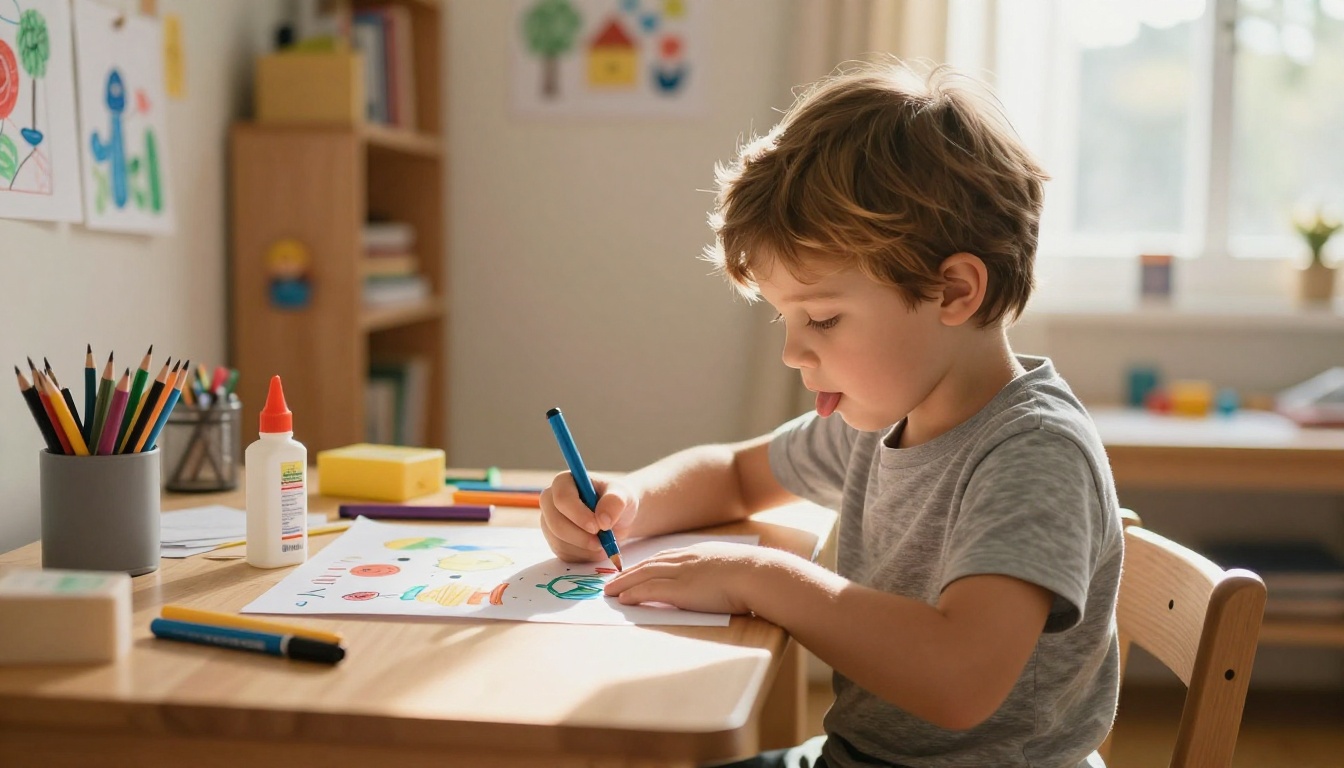 Child focused on creating a colorful school project at a bedroom desk with afternoon sunlight Child focused on creating a colorful school project at a bedroom desk with afternoon sunlight