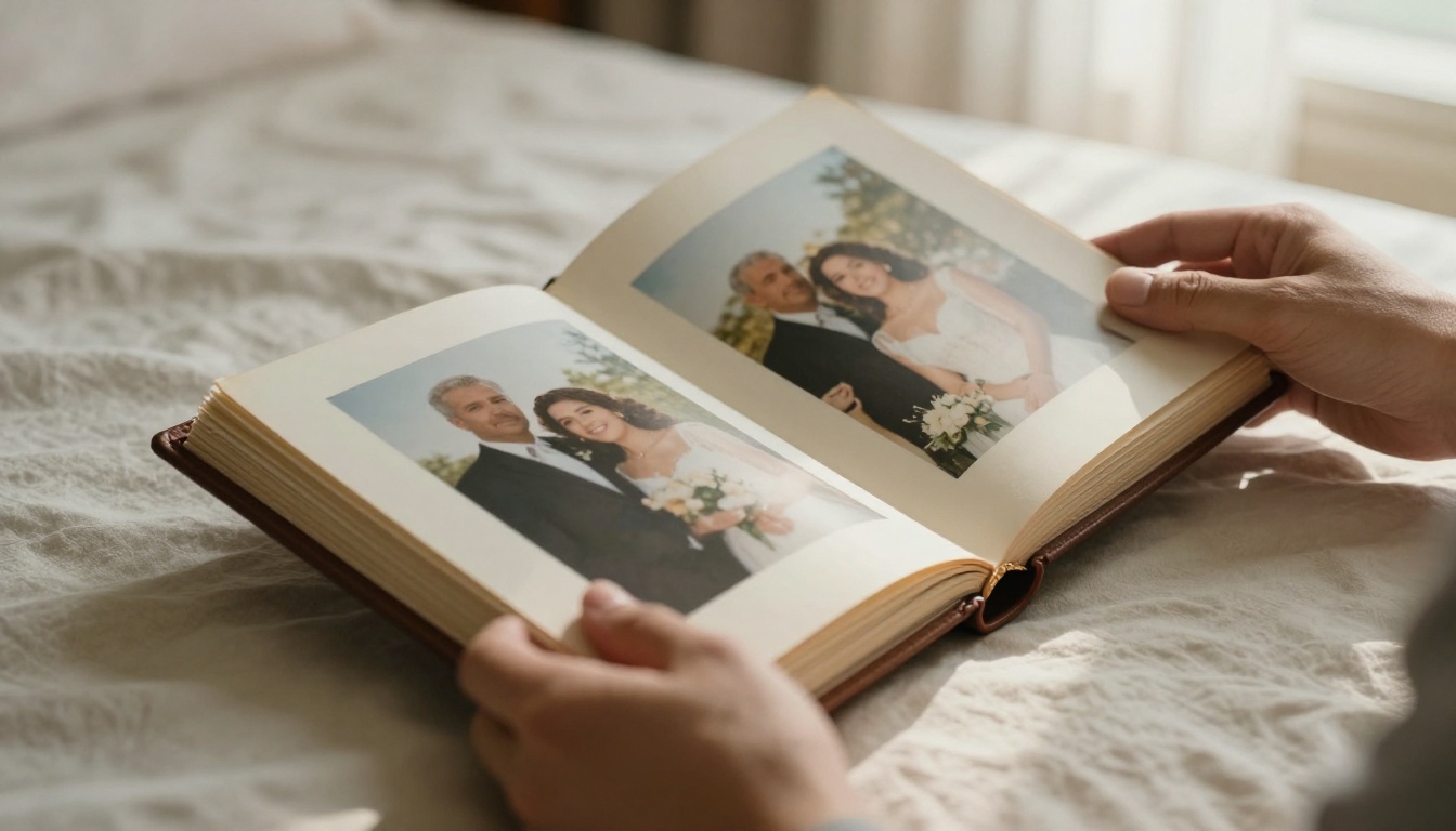 Two hands holding open a leather photo album filled with anniversary photographs