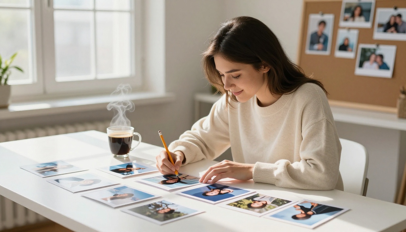 Woman at a bright desk sorting printed photos into a chronological layout with a coffee mug nearby