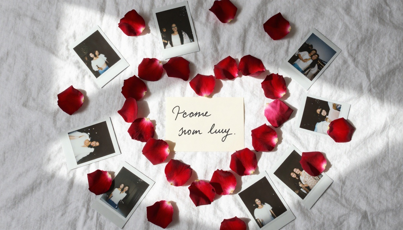 Aerial flat lay of polaroid photos arranged in a heart shape on white linen with rose petals