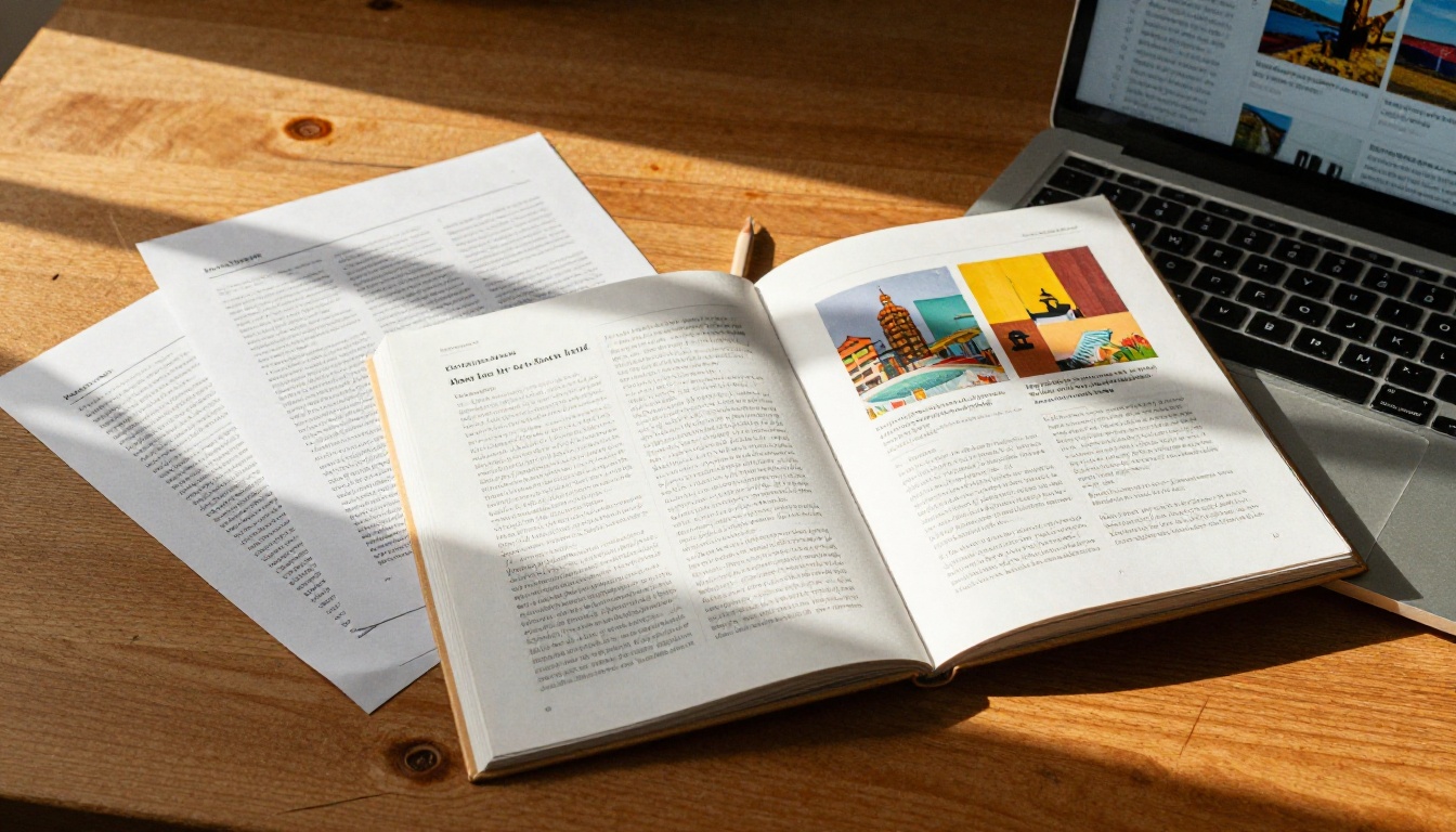 Blogger working at a warm home office desk with a laptop displaying a digital flipbook