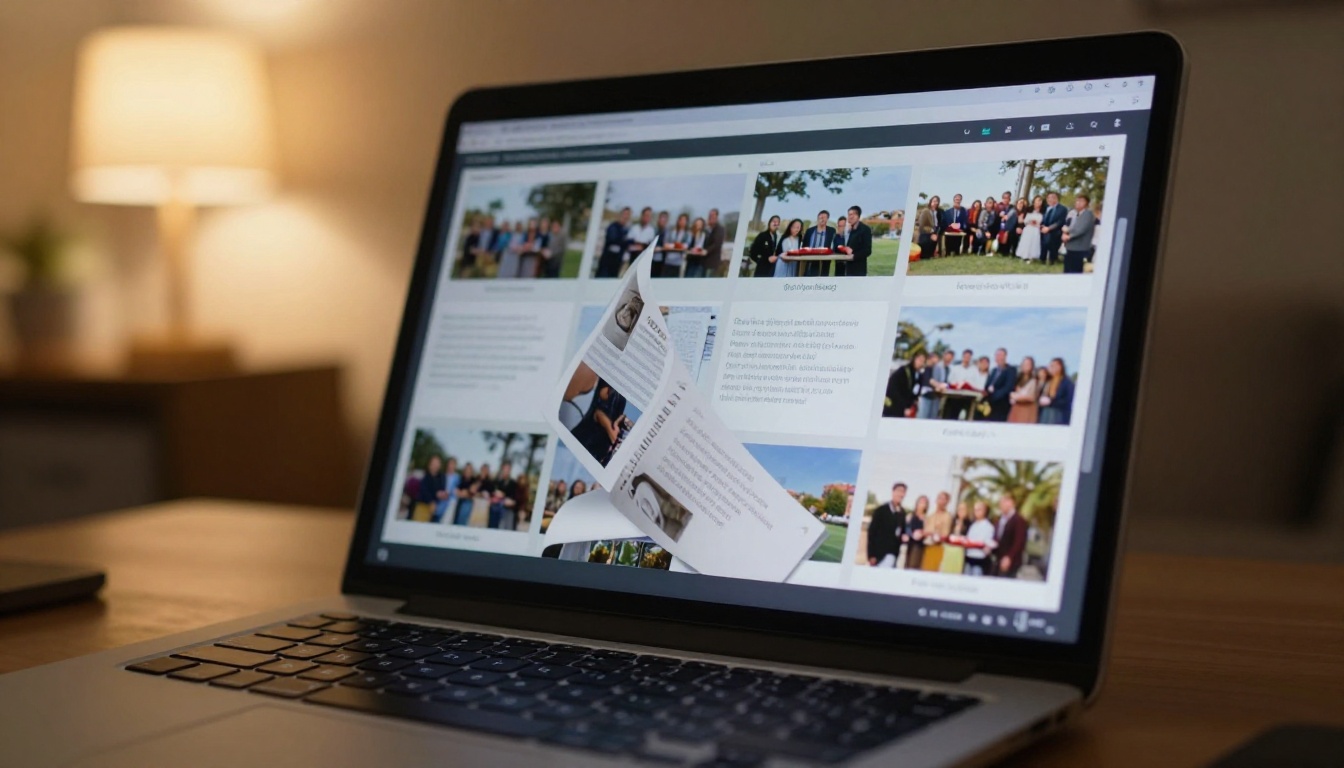 Close-up of a laptop displaying a digital flipbook interface with anniversary photos mid-page-turn