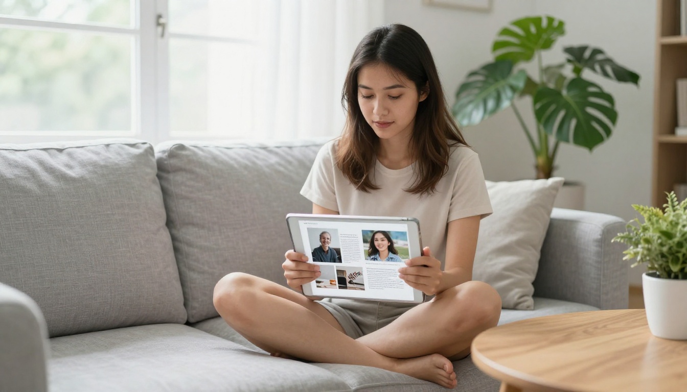 Content creator reviewing a clean professional digital publication on an iPad in a bright Scandinavian living room