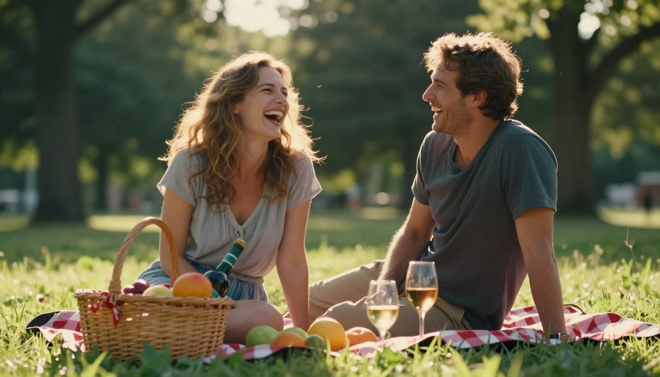 A couple laughing at a golden-hour picnic, genuine joy, candid documentary photography style