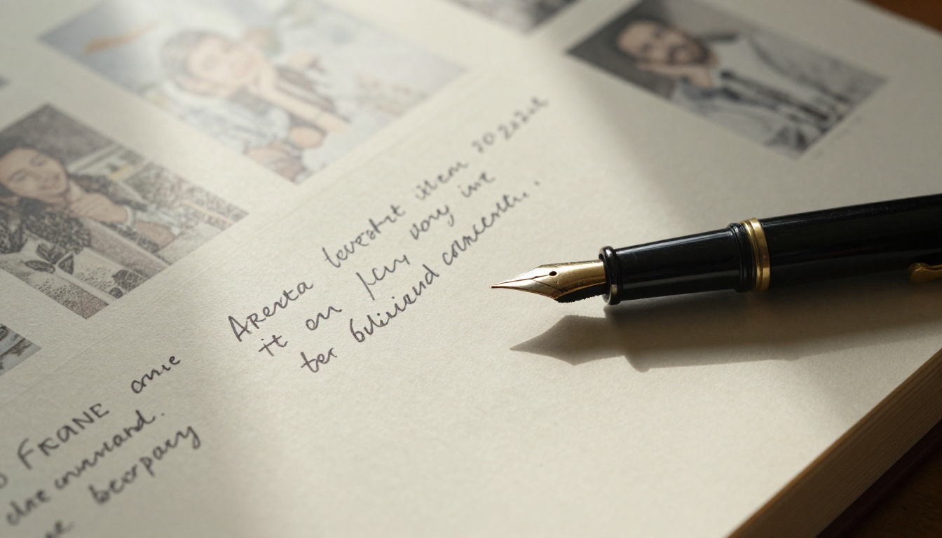 Open journal pages with anniversary photos and handwritten captions, vintage fountain pen resting across