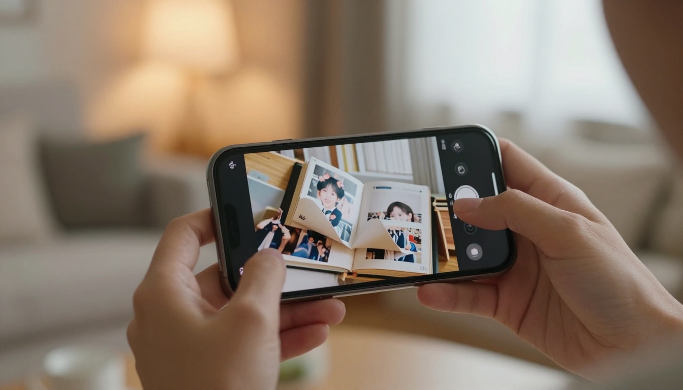 Woman's hands holding a smartphone showing a digital flipbook being shared via messaging app