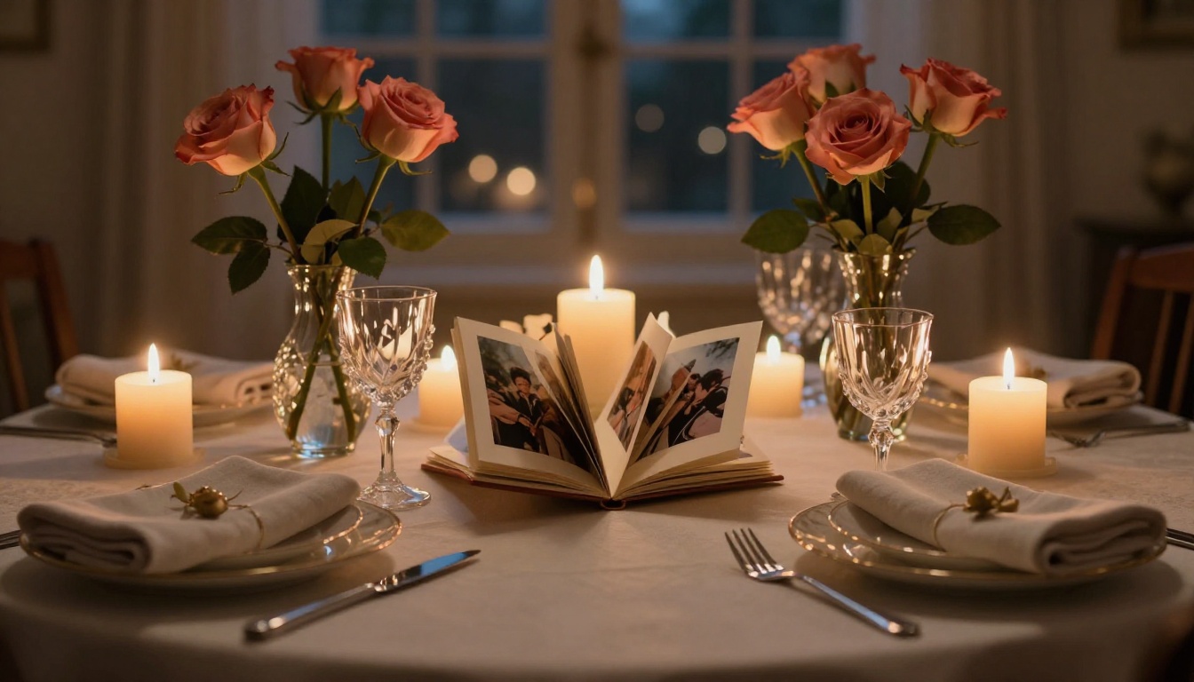 Romantic dinner table set for two with candles, roses, and a small open photo flipbook as centerpiece
