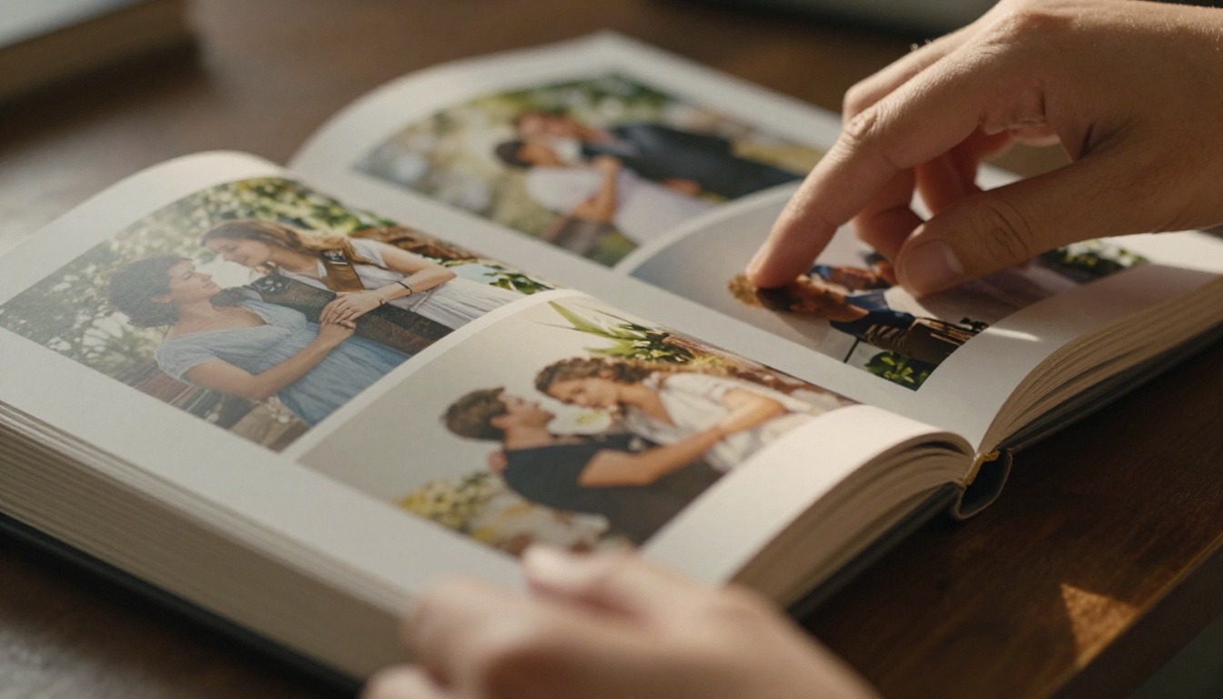 Hands gently turning pages of a printed photo book, morning light catching the page curl mid-turn