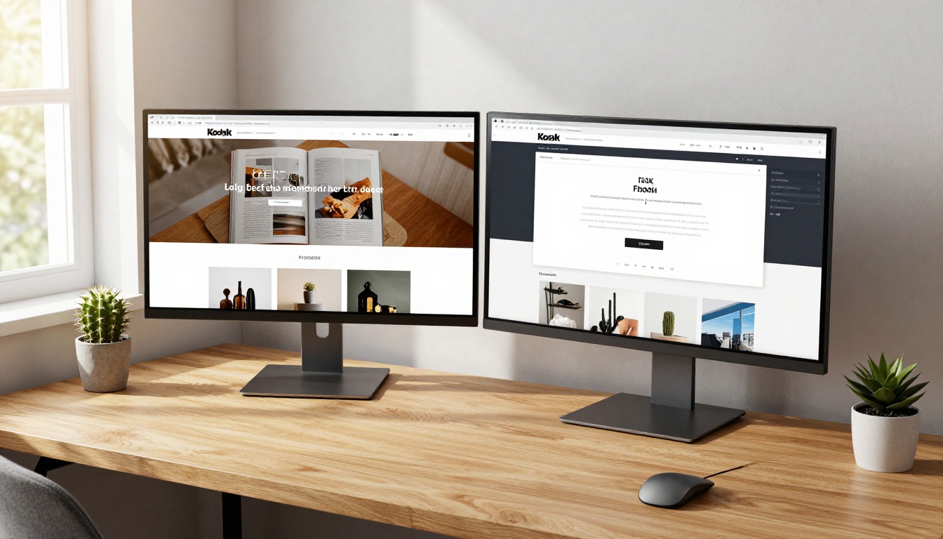 A dual monitor home office setup showing a blog with an embedded flipbook viewer on one screen and a site editor on the other