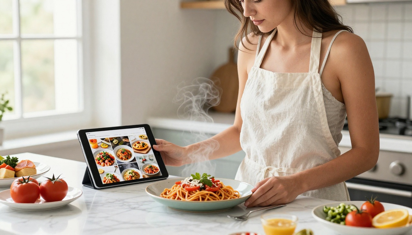 A food blogger in a bright kitchen photographing styled colorful dishes while holding a tablet displaying a digital recipe flipbook A food blogger in a bright kitchen photographing styled colorful dishes while holding a tablet displaying a digital recipe flipbook