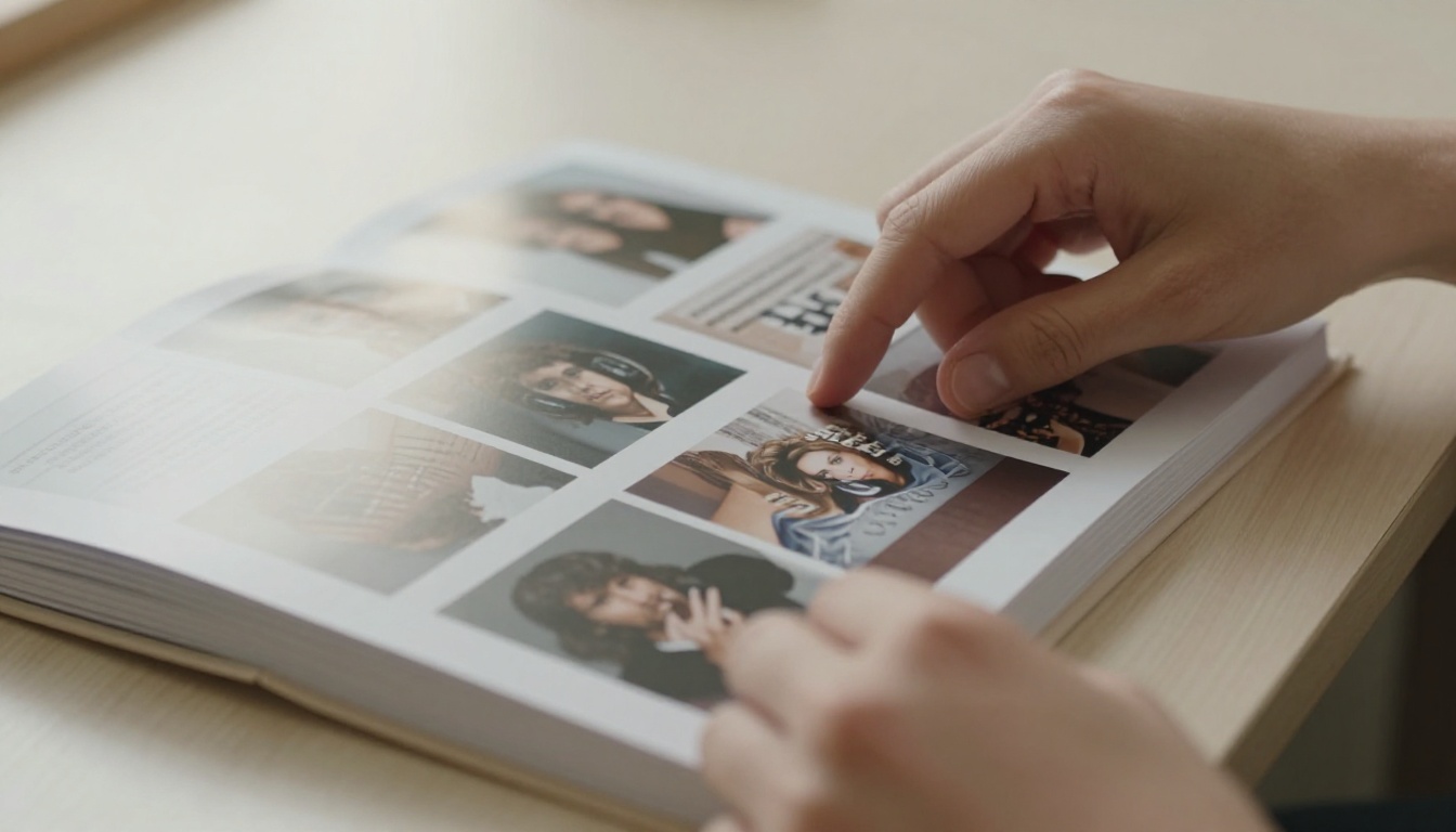 Close-up of hands mid-flip on a glossy flipbook with podcast episode timestamps visible on clean pages