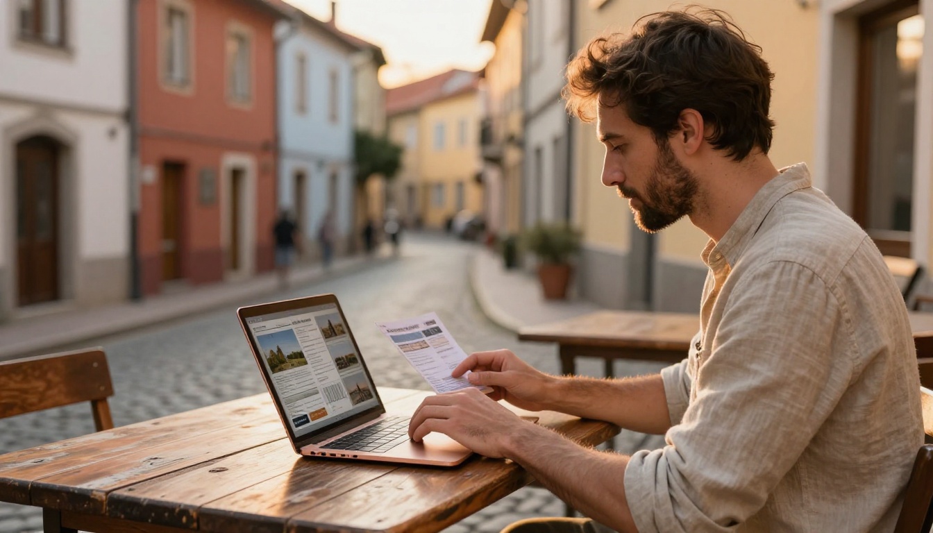 A bearded travel blogger reviewing a digital flipbook on a laptop at a sunlit European café terrace with cobblestone streets in the background A bearded travel blogger reviewing a digital flipbook on a laptop at a sunlit European café terrace with cobblestone streets in the background
