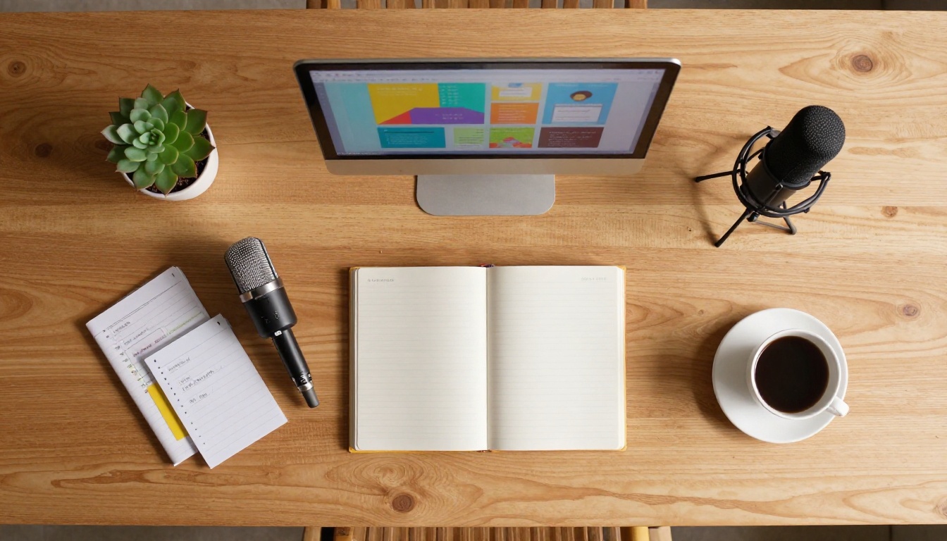 Aerial view of a podcast desk setup with microphone, laptop showing a digital publication layout, coffee and index cards