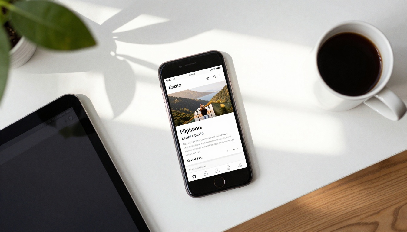 Overhead desk shot with a smartphone showing a flipbook e-book cover next to a tablet displaying an email opt-in form