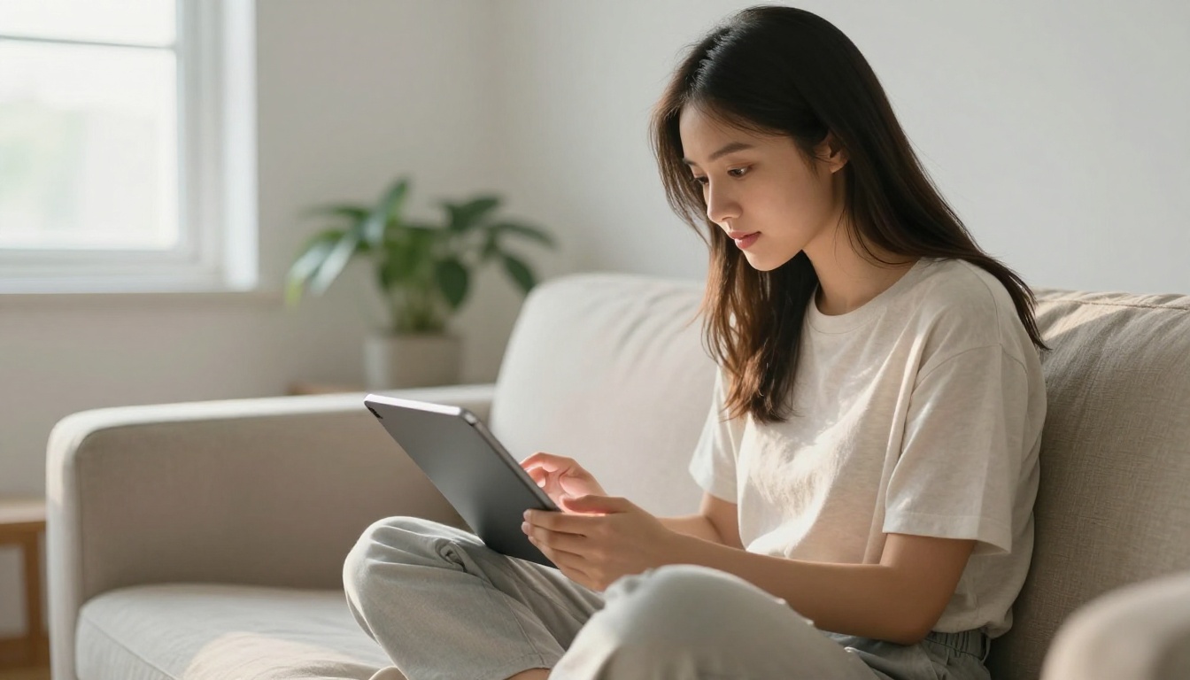 Young woman sitting cross-legged on a linen sofa swiping through a digital flipbook on a tablet in a bright minimalist living room