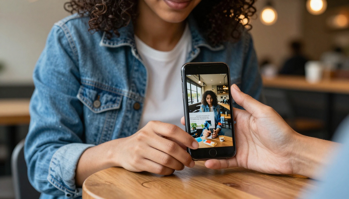 A young woman in a coffee shop holding a smartphone horizontally showing a beautiful mobile-formatted flipbook page A young woman in a coffee shop holding a smartphone horizontally showing a beautiful mobile-formatted flipbook page