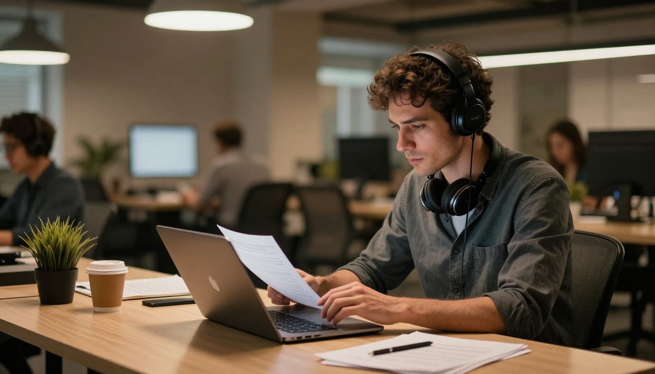 Man with headphones around his neck uploading a PDF document on a laptop at a standing desk in a co-working space