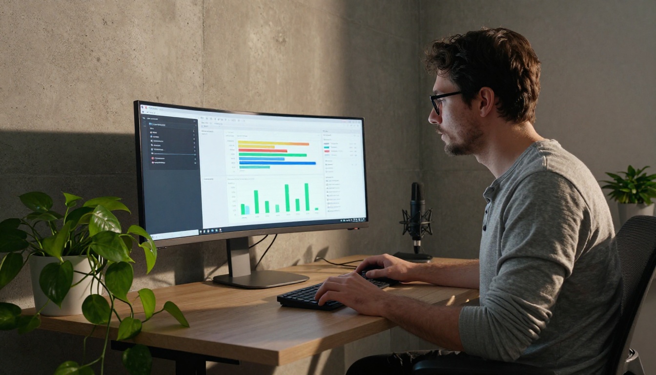 A male blogger reviewing content performance analytics on a curved ultrawide monitor at a modern standing desk A male blogger reviewing content performance analytics on a curved ultrawide monitor at a modern standing desk