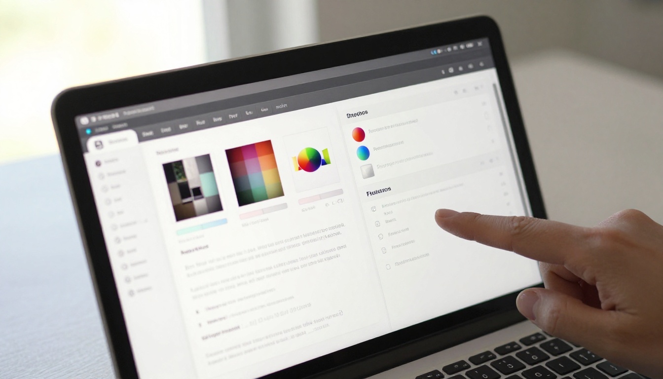 Close-up of a laptop screen showing a flipbook customization interface with color palette swatches, font selectors, and a page layout preview