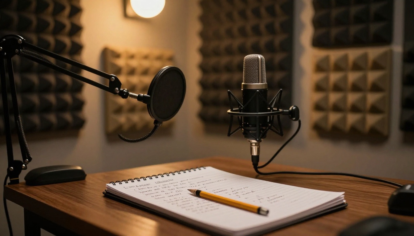 Professional podcast recording studio with dynamic microphone on adjustable arm and handwritten episode outline notebook on the desk