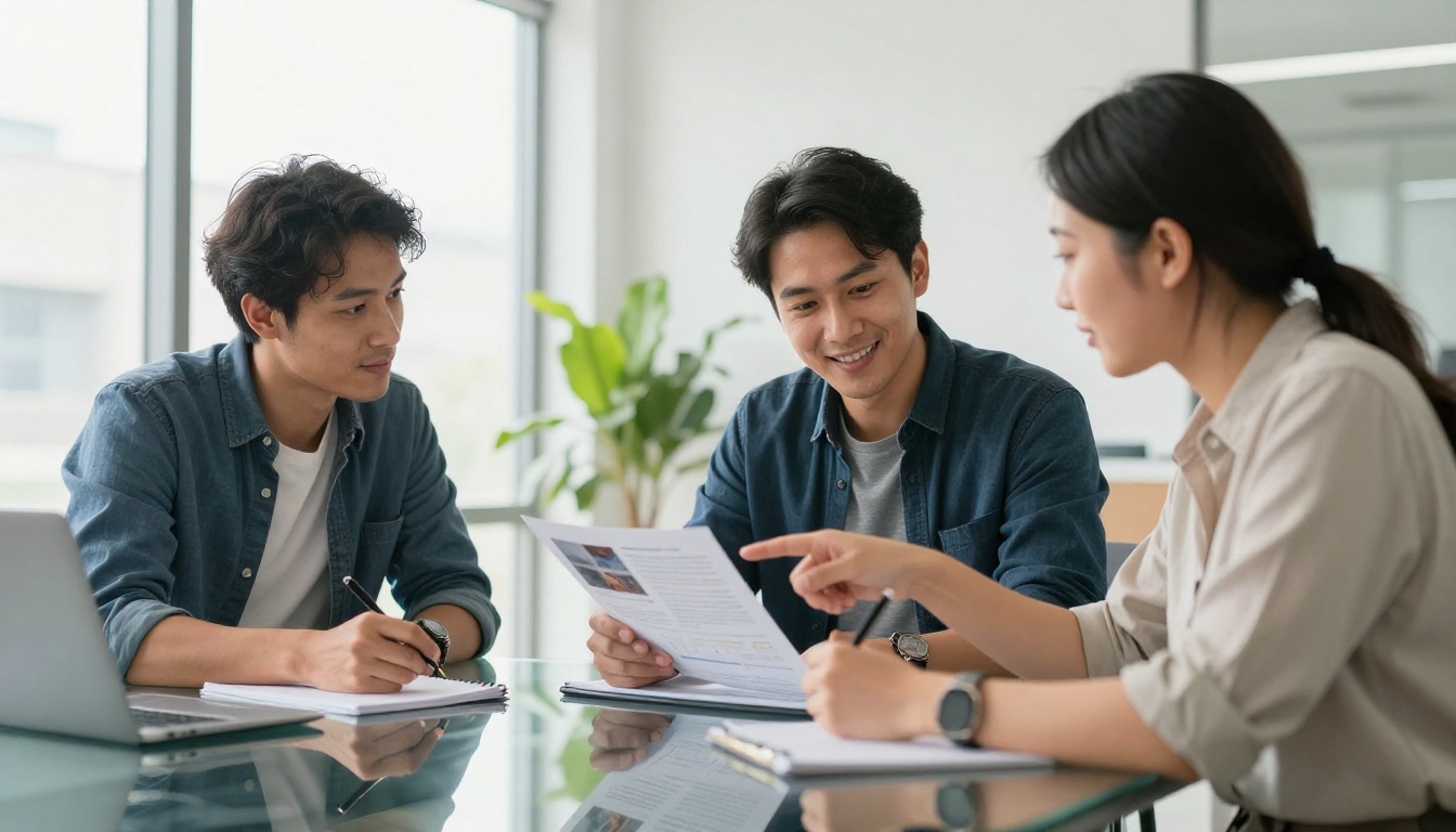 Two colleagues reviewing a printed flipbook together at a glass conference table in a bright modern office