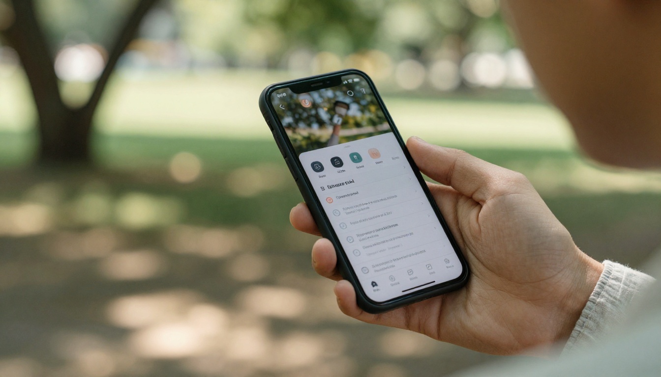 Smartphone held outdoors in a park displaying a sleek interactive flipbook page with episode chapter markers, dappled sunlight bokeh in background