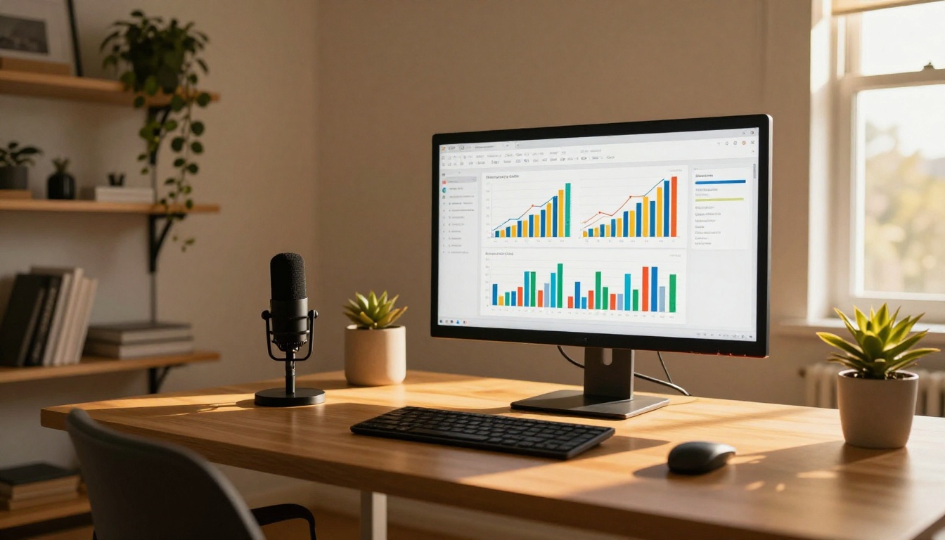 Wide-angle view of a minimalist home office with a large monitor showing an analytics dashboard and a podcast microphone in the foreground