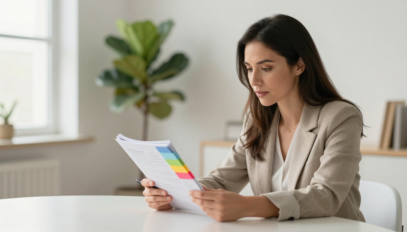 A confident life coach reviewing a client program binder in a bright minimalist office A confident life coach reviewing a client program binder in a bright minimalist office