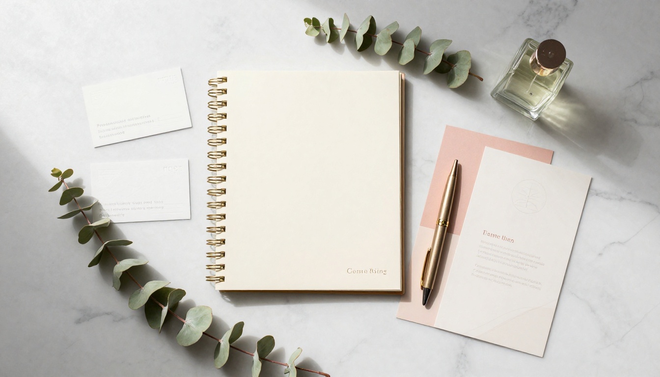 Flat lay of professional coaching brand materials on a marble surface Flat lay of professional coaching brand materials on a marble surface