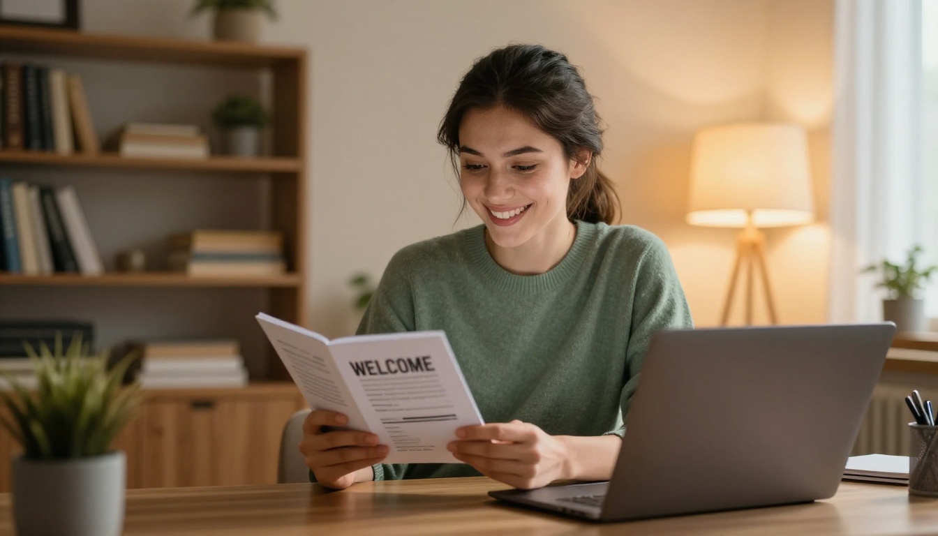 A young professional woman smiling at her laptop while receiving a digital welcome program A young professional woman smiling at her laptop while receiving a digital welcome program