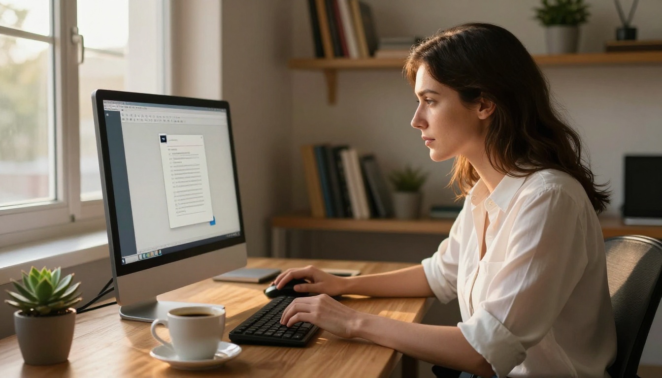 A woman uploading a PDF document to a computer in a warm home office