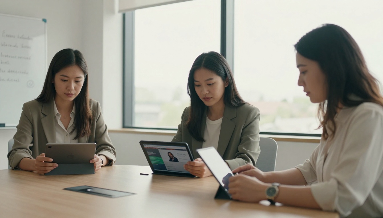 Three professionals in a conference room following along on tablets during a group coaching session Three professionals in a conference room following along on tablets during a group coaching session