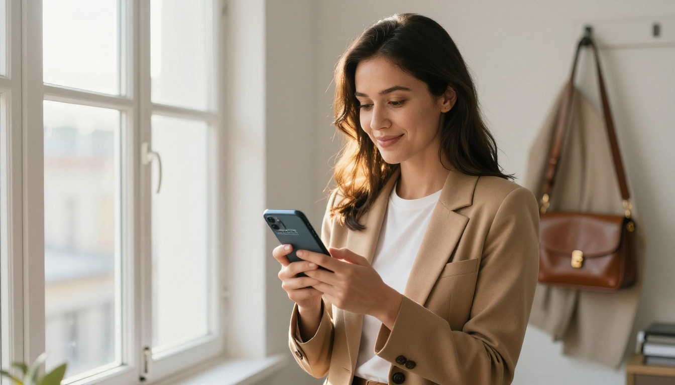 A female coach sharing a flipbook link on her smartphone beside a bright window