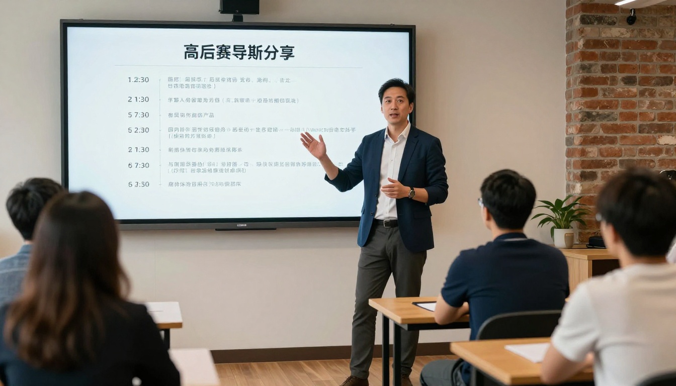 A confident business coach presenting program materials in a bright workshop space