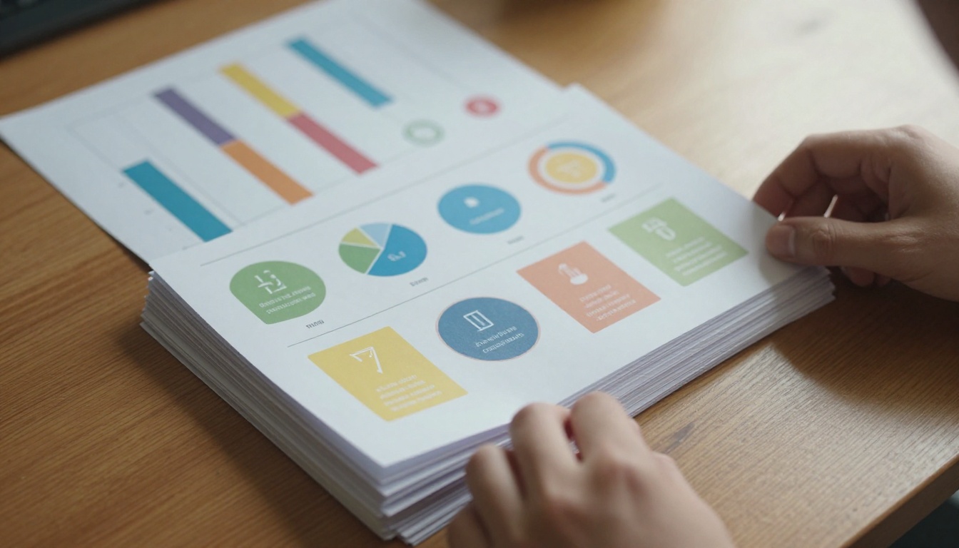 Printed presentation slides spread across a wooden desk