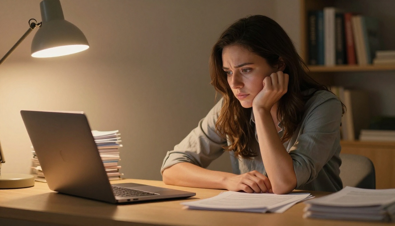 Professional woman at desk looking at a cluttered downloads folder on her laptop