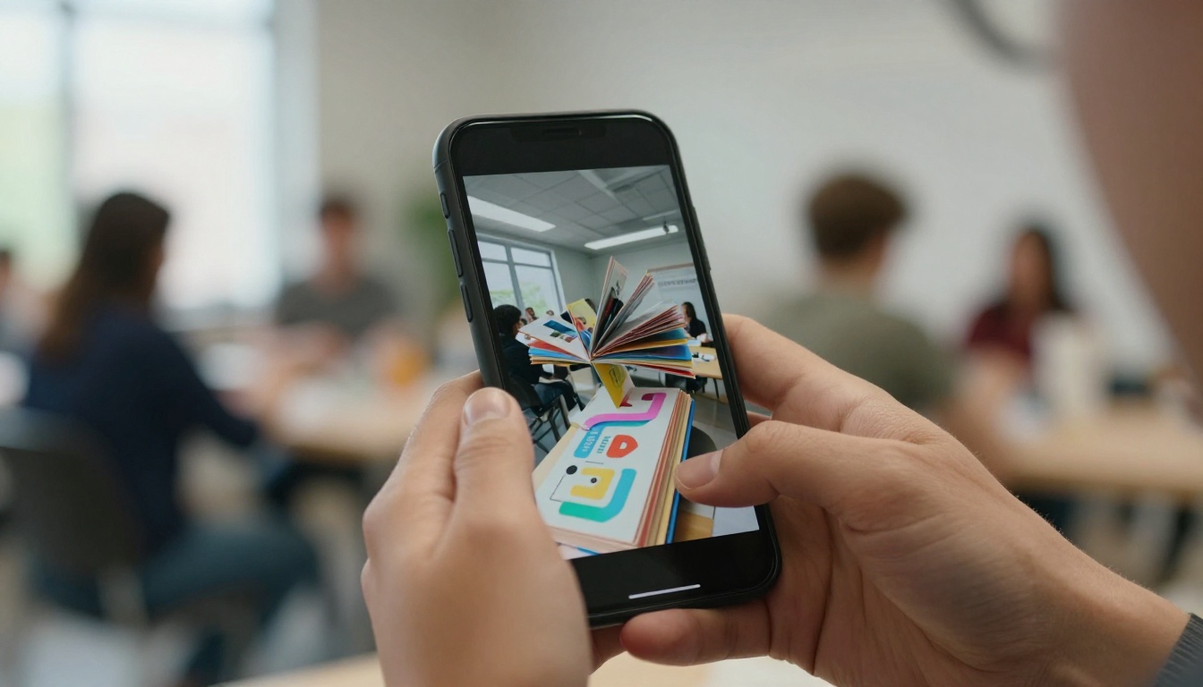 Workshop participant's hands holding a smartphone displaying a digital flipbook mid-turn