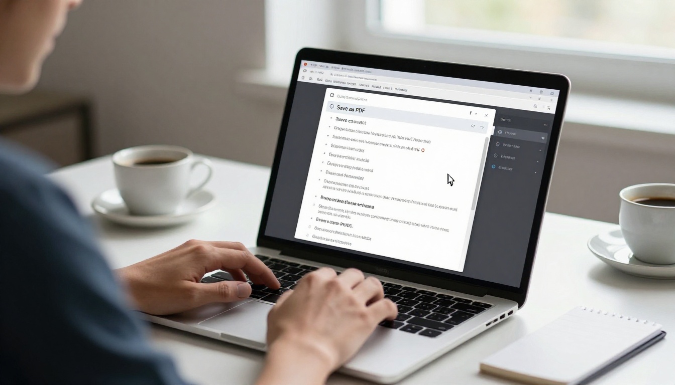 Person exporting a presentation as PDF on a laptop at a minimal desk