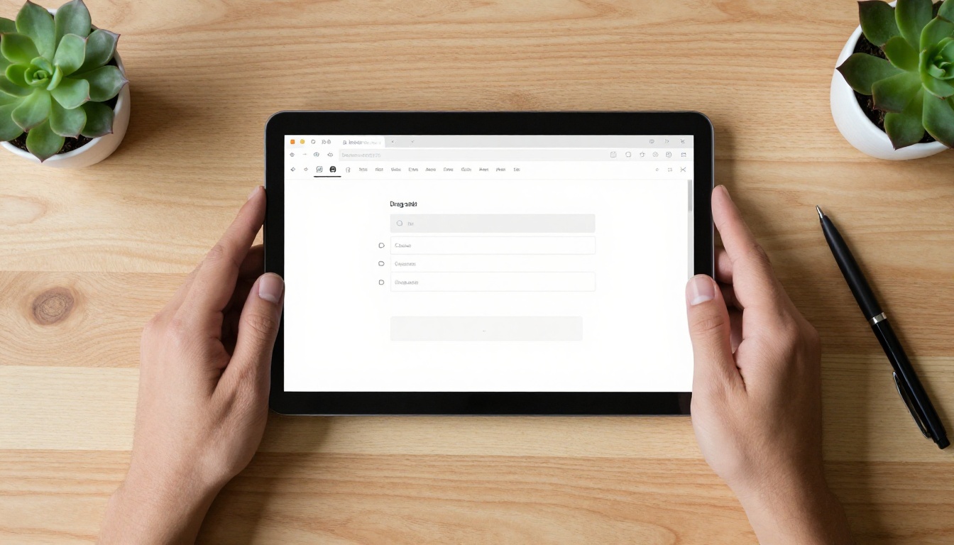 Top-down view of hands uploading a file via drag-and-drop on a laptop